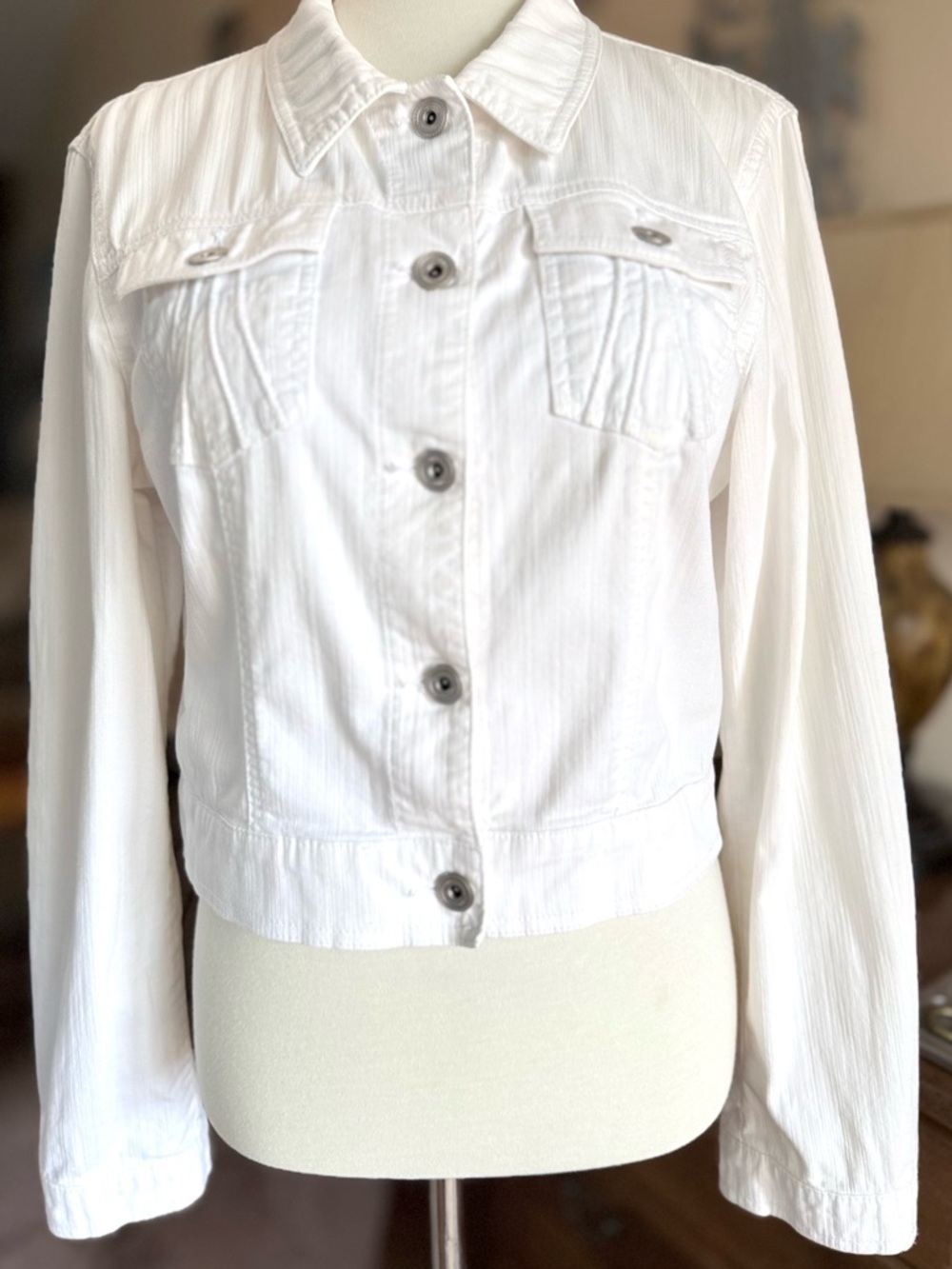 Vintage Tapemeasure by Anthropology Cropped White Jean Jacket - Picture 2 of 16